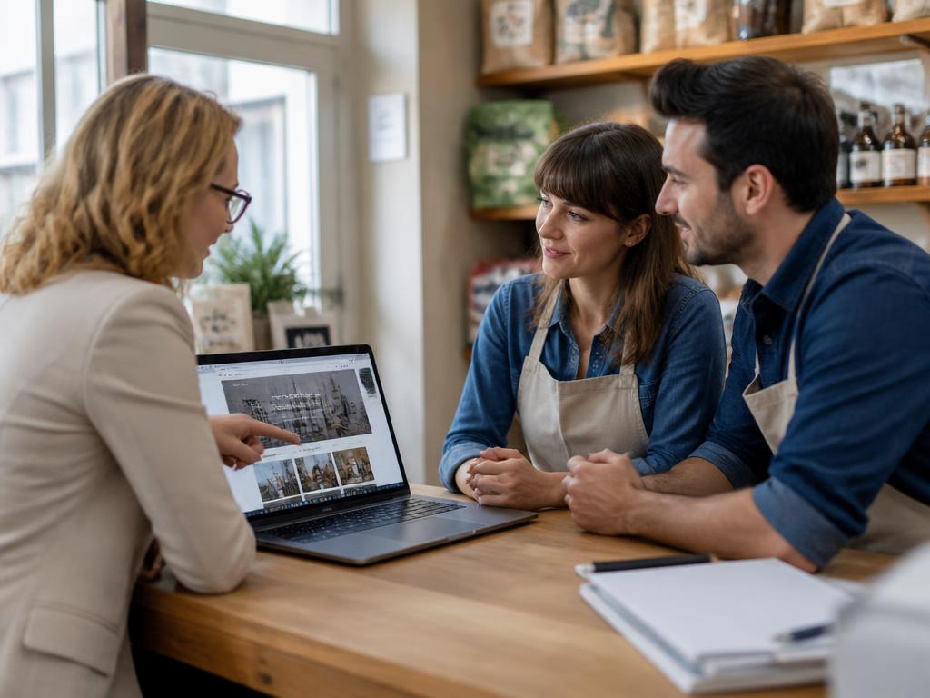 A website consultant sitting at a laptop with two small business owners
