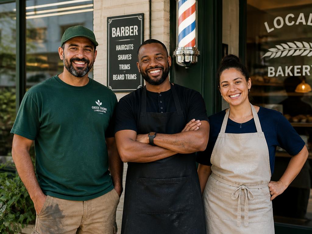 Three local business owners smiling outside their storefront