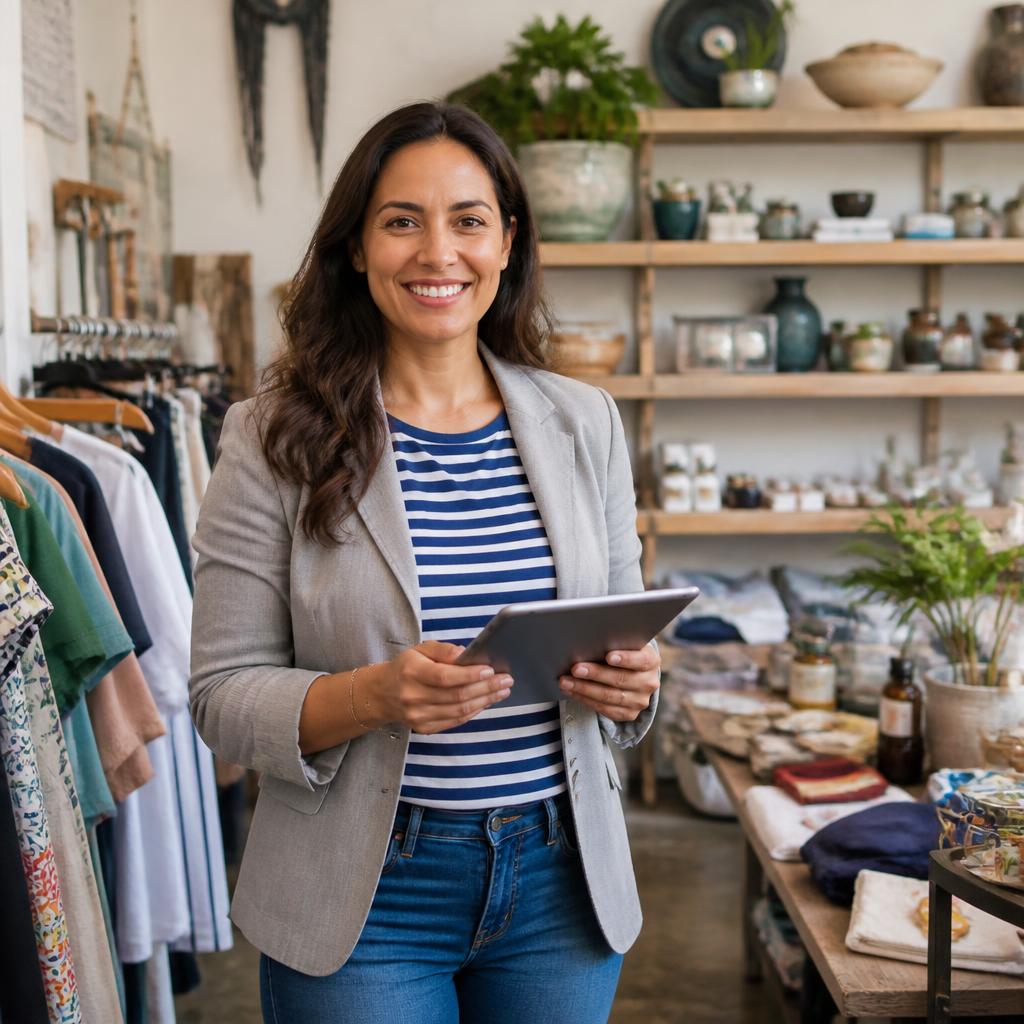 Small business owner reviewing her website on a tablet in her shop